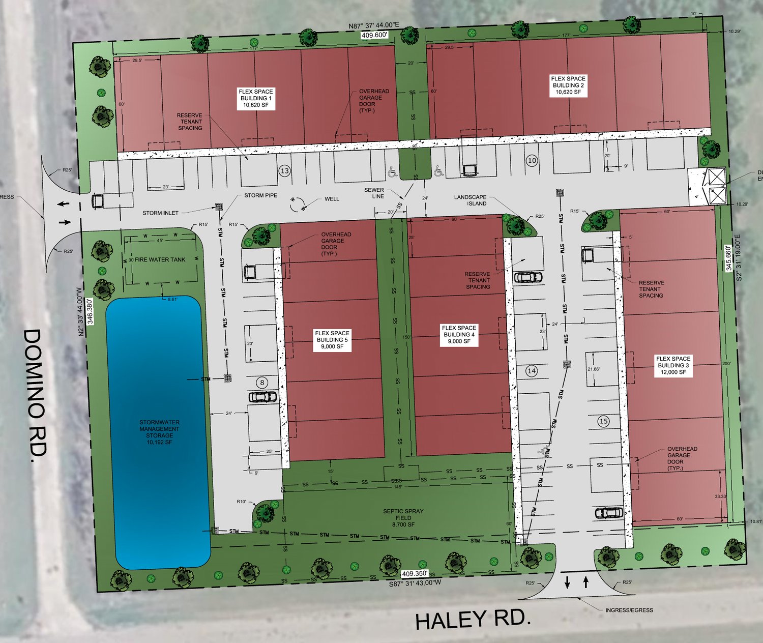 Conceptual site plan: Buildings 1 and 2 along the north side, Buildings 3, 4 and 5 running north to south, stormwater storage at the Domino Rd corner, septic field along Haley Rd, entrances on both roads